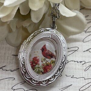 Silver Red Bird Cardinal Memorial Jewelry  Locket Necklace Pendant Wedding New